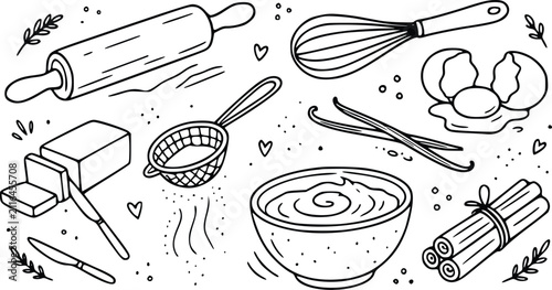 Cuadro en lienzo Hand drawn baking ingredients and kitchen tools collection featuring a whisk rol