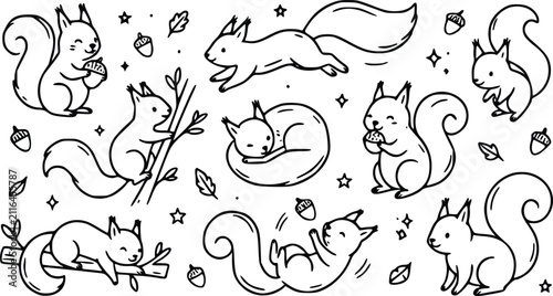 Set of cute little squirrel characters in various poses hand drawn doodle style with acorns and leaves for forest animal design collection