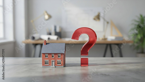 Small House Model and Red Question Mark on Office Desk