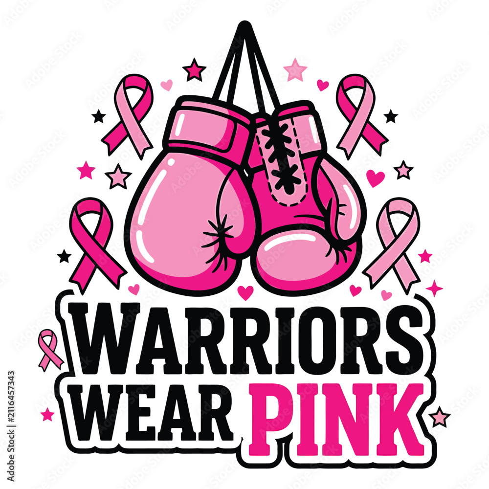 Fototapeta premium Breast cancer awareness halloween vector design featuring pink boxing gloves and ribbons with the inspirational quote warriors wear pink for shirts