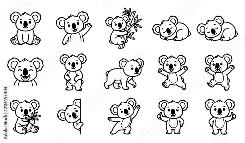 Photography Cute Koala Cartoon Outline Collection with Playful Expressions and Adorable Wild