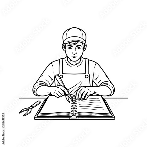 Line art of a male gardener or worker planning and writing in a notebook diary