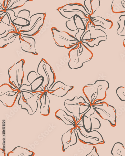 Floral Pattern Design: Delicate, hand-drawn floral motifs in shades of charcoal and burnt orange bloom across a soft, muted background, creating an elegant and artistic seamless pattern. 