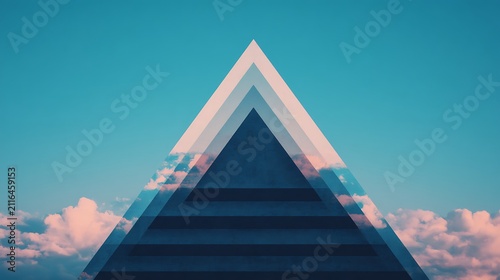 A surreal image of layered transparent triangles against a blue sky with clouds, creating a geometric and dreamy visual effect.