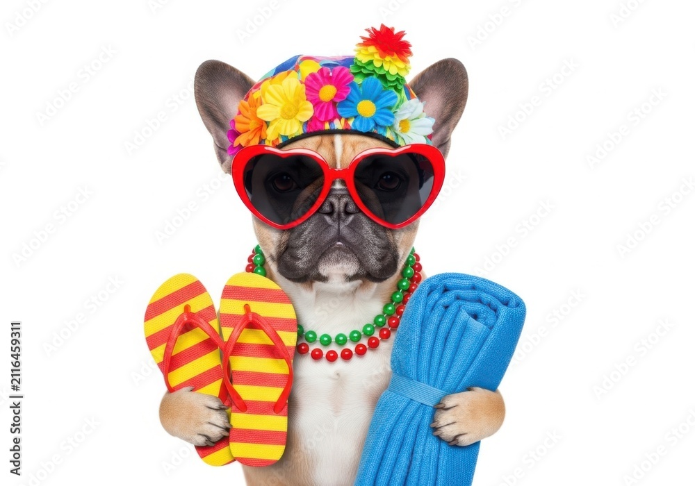 Fototapeta premium A french bulldog wearing sunglasses and a floral headband holding flip flops and a towel isolated on white background
