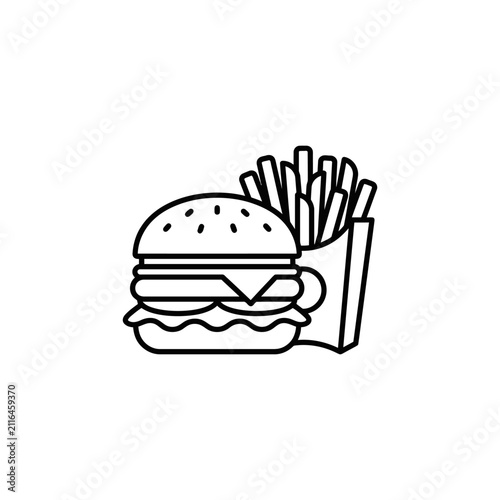 Minimalist line art icon representing a classic beef burger with cheese and lettuce paired with a side of crispy french fries