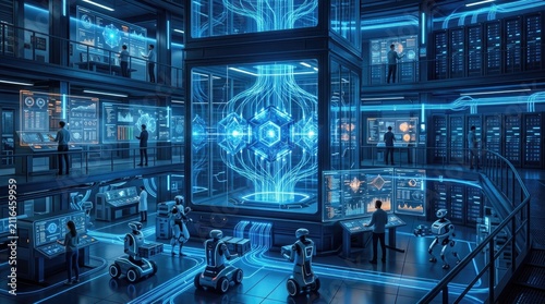 Futuristic high tech science laboratory with central glowing quantum computer energy core server racks scientists and robots working in control center