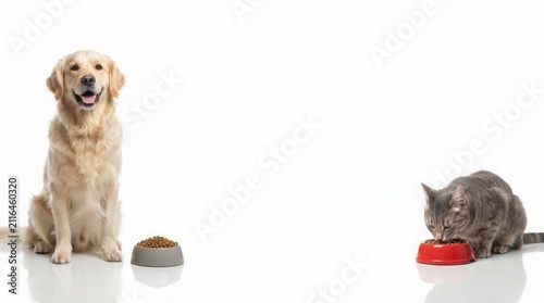 A cute dog and cat with bowls of food on white background, ideal as a design banner