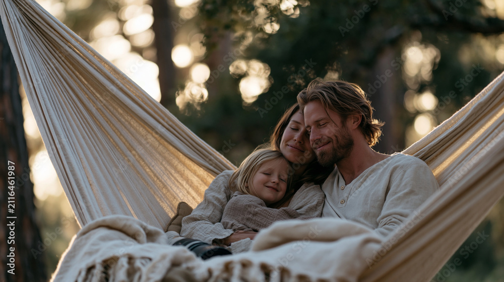 Obraz premium Wildlife photographer parents with a child in a hammock suspended between forest oaks, family unit in a hospital sensory garden, nature therapy session, long lens resting on a