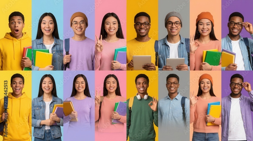 Obraz premium Student collage with a variety of young people on colorful backgrounds
