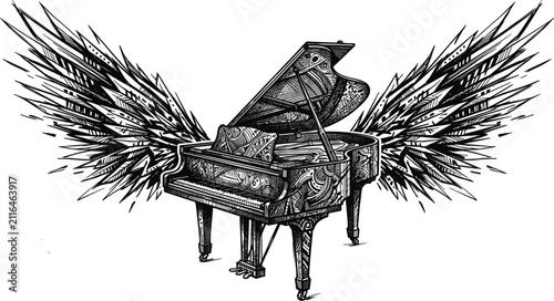 Surreal grand piano with large ornate sharp wings detailed musical instrument engraving for rock concert poster graphic vector