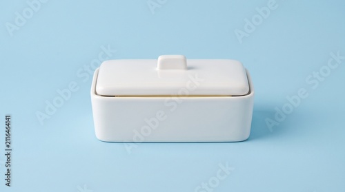 A minimal white ceramic butter dish with a lid resting on a solid light blue background, showcasing a clean and elegant kitchenware design.