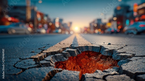 Close up view of cracked asphalt road with deep hole during urban sunset