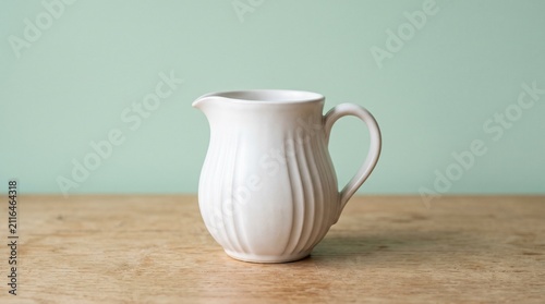 Elegant white ceramic milk pitcher with ribbed details on a wooden table against a pastel green background, perfect for rustic kitchenware.
