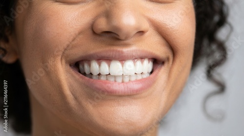 Dental veneers on a smiling woman, closeup view with a light grey background