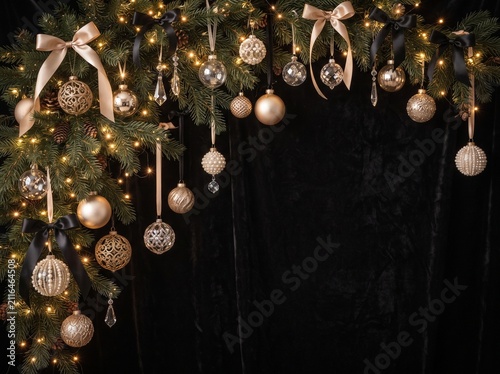 Christmas ornaments and evergreen branches against a dark velvet background