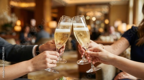 Indoor closeup of people clinking glasses filled with sparkling wine