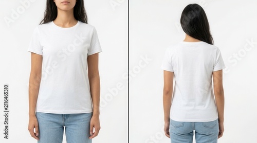 Design mockup collage featuring front and back view photos of a woman wearing a casual t-shirt on a white background