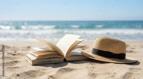 Space for text with an open book and straw hat resting on sandy beach near the sea