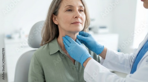 Patient's thyroid gland being examined by an endocrinologist indoors, closeup