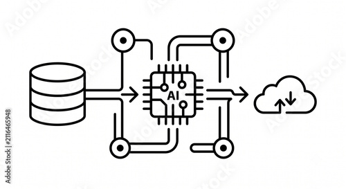 AI data processing from database to cloud. Machine learning information transfer diagram.
