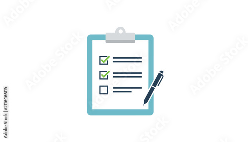 Flat vector illustration of a blue clipboard containing a complete checklist with green check marks and a black pen.