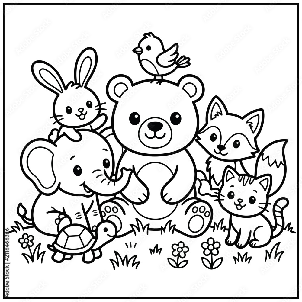 Naklejka premium Cute Animal Coloring Page with Bear Rabbit Elephant Fox Cat