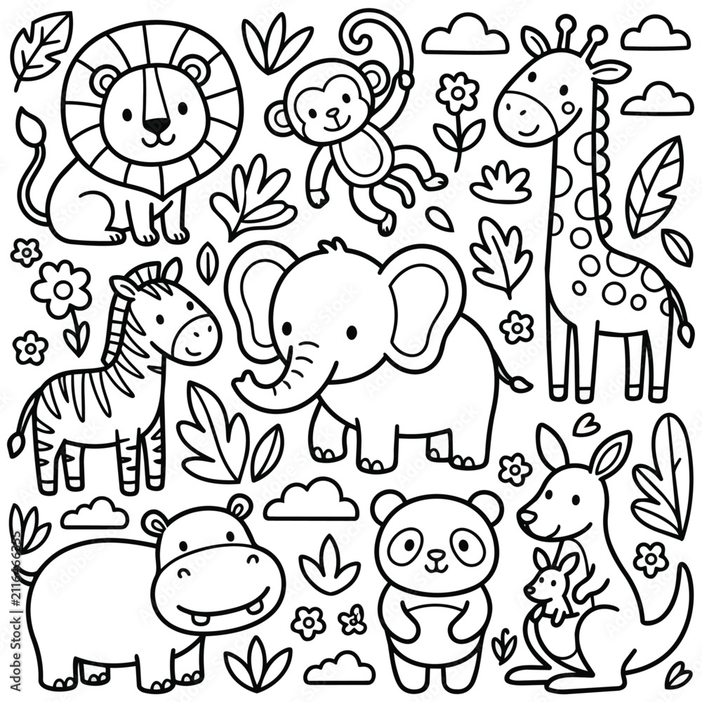 Naklejka premium Cute Cartoon Animal Coloring Page with Lion Elephant and Giraffe