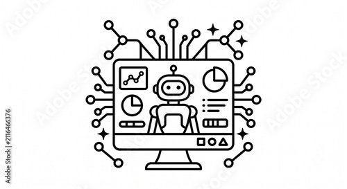 Artificial intelligence robot icon on screen. Digital AI technology and machine learning.