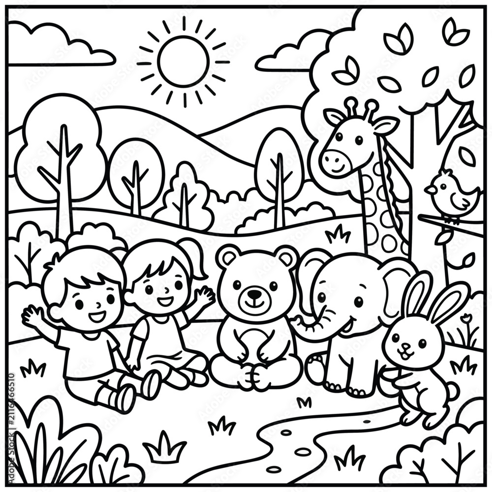 Naklejka premium Coloring Page with Children and Animals in a Sunny Forest Scene