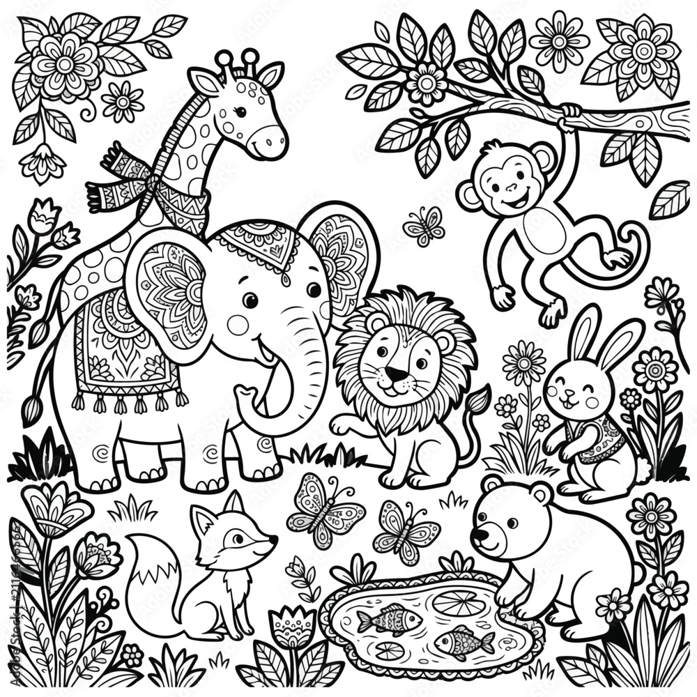 Obraz premium Whimsical Wildlife Coloring Page with Elephant and Jungle Friends
