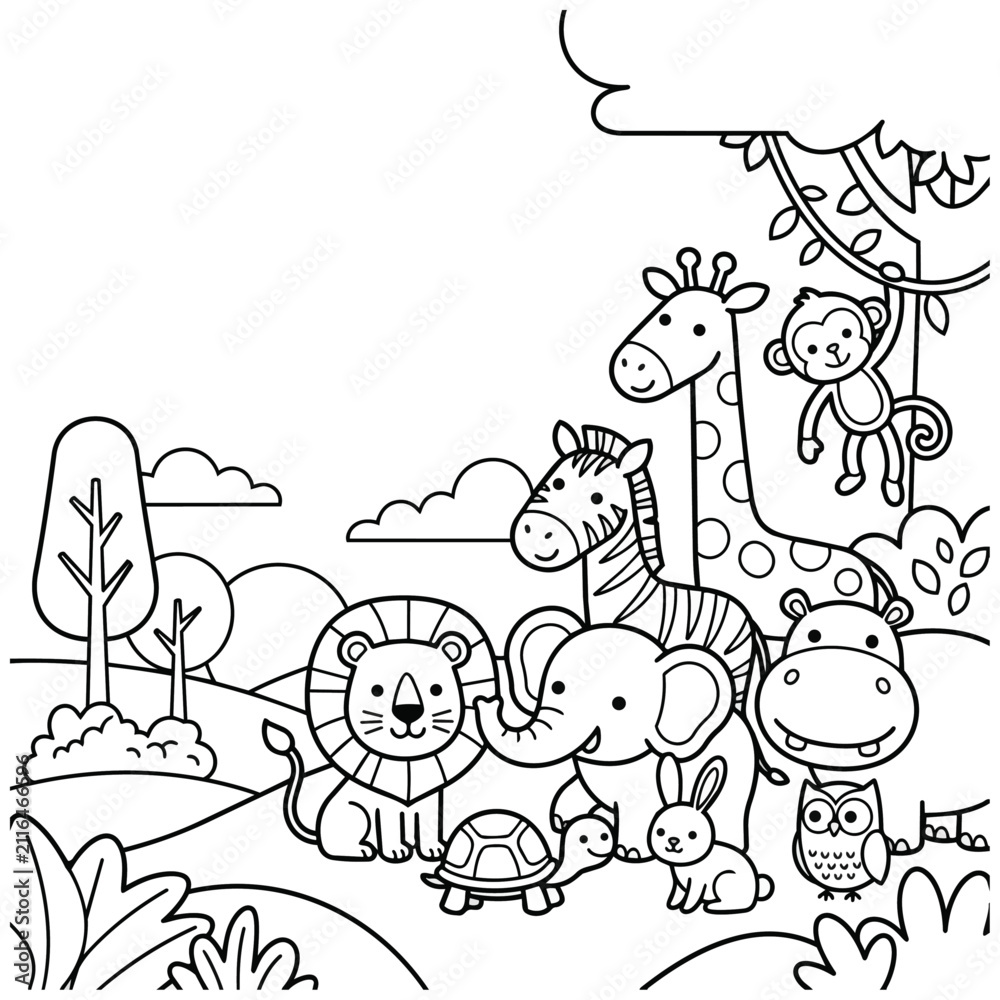 Obraz premium Cute Safari Animals Coloring Page for Kids with Fun Wildlife Scene
