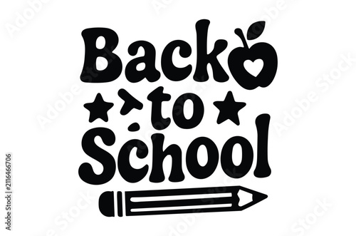 Back to school lettering with apple and pencil black silhouette design