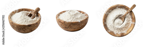 Foto Wooden Bowl Filled with White Flour or Starch and Small Scoop Isolated on Transp