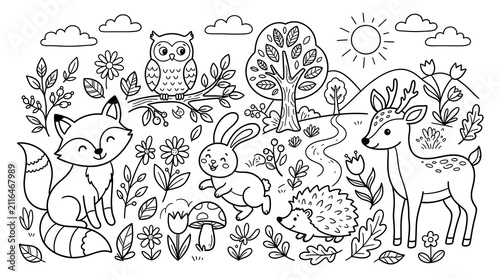 Cute woodland animals coloring page featuring a fox owl rabbit hedgehog and deer in a forest setting