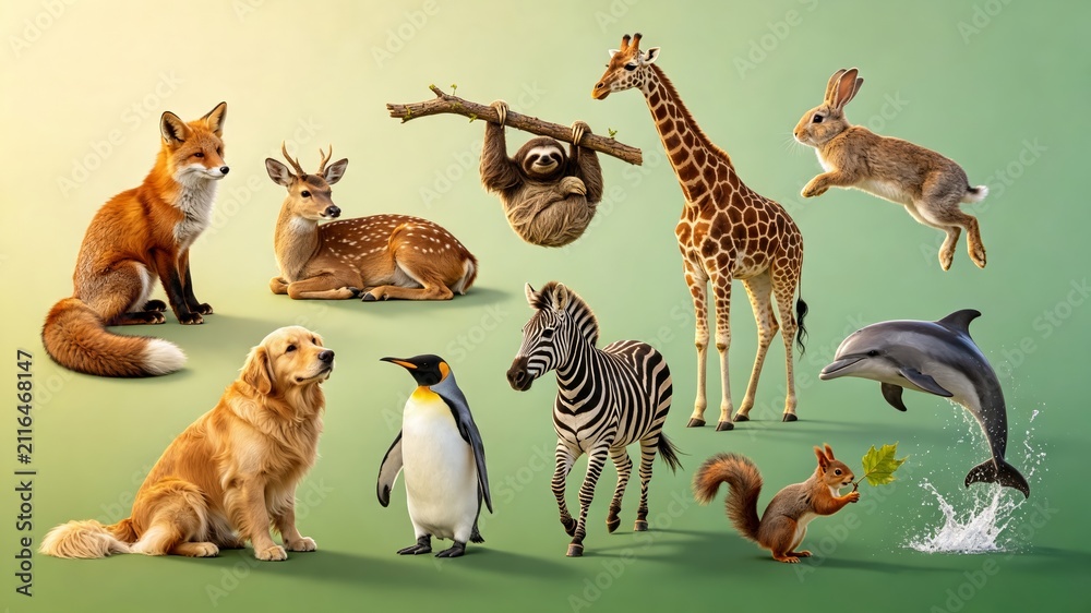 Fototapeta premium Assortment of wild and friendly animals together on soft green background fox deer sloth giraffe llama dog penguin squirrel dolphin