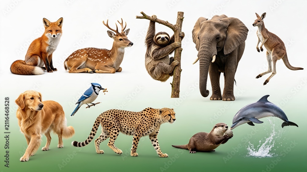 Fototapeta premium Diverse Animal Set Of Fox Deer Sloth Elephant Dolphin Golden Retriever Cheetah And Rabbit Against Clean White Studio Background