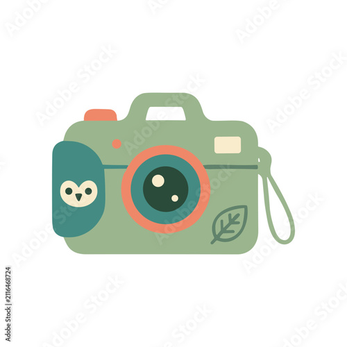 Cute cartoon camera with owl and leaf, flat design illustration, children's photography concept