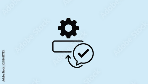 Process completion icon showing a black gear with a success checkmark and circular arrow on a light blue background.