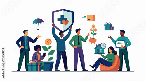 Diverse people collaborate on financial growth and security icons