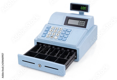 Light blue electronic cash register with open empty money drawer register business