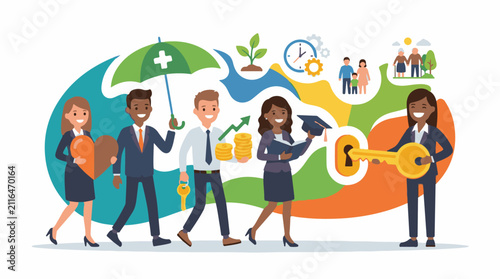 Diverse people advance through life stages with security education and prosperity