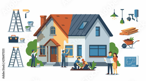 Diverse group working on house renovation and gardening projects