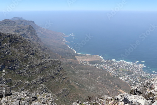 Panoramic mountain and coastline view from Table Mountain in Cape Town