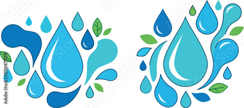 Obraz na plátně Blue water drop icons with green leaves, eco-friendly liquid splash vector set,