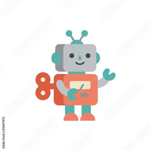 Fotografía Cute Wind-Up Robot Toy Waving Hello, Cartoon Style, Minimalist Design, Isolated