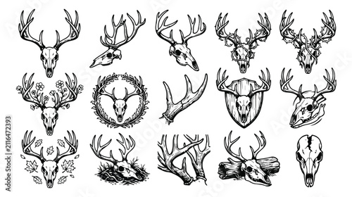 Canvastavla Vintage deer skull and antlers vector set, 15 rustic hunting trophies and animal