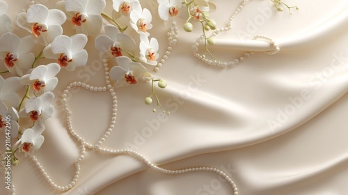 Elegant white orchid flowers and pearl string on smooth satin silk fabric background