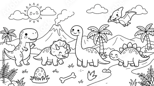Cute prehistoric dinosaur landscape coloring page for kids with volcano and palm trees in black and white