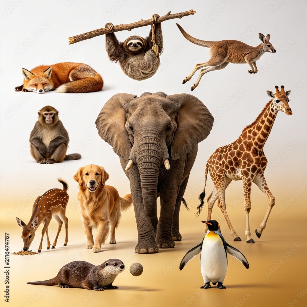 Fototapeta premium Diverse Animal Collection Of Elephant Giraffe Kangaroo Sloth Bear Deer Golden Retriever Penguin And Otter In Dynamic Poses Against Soft Beige Studio Background